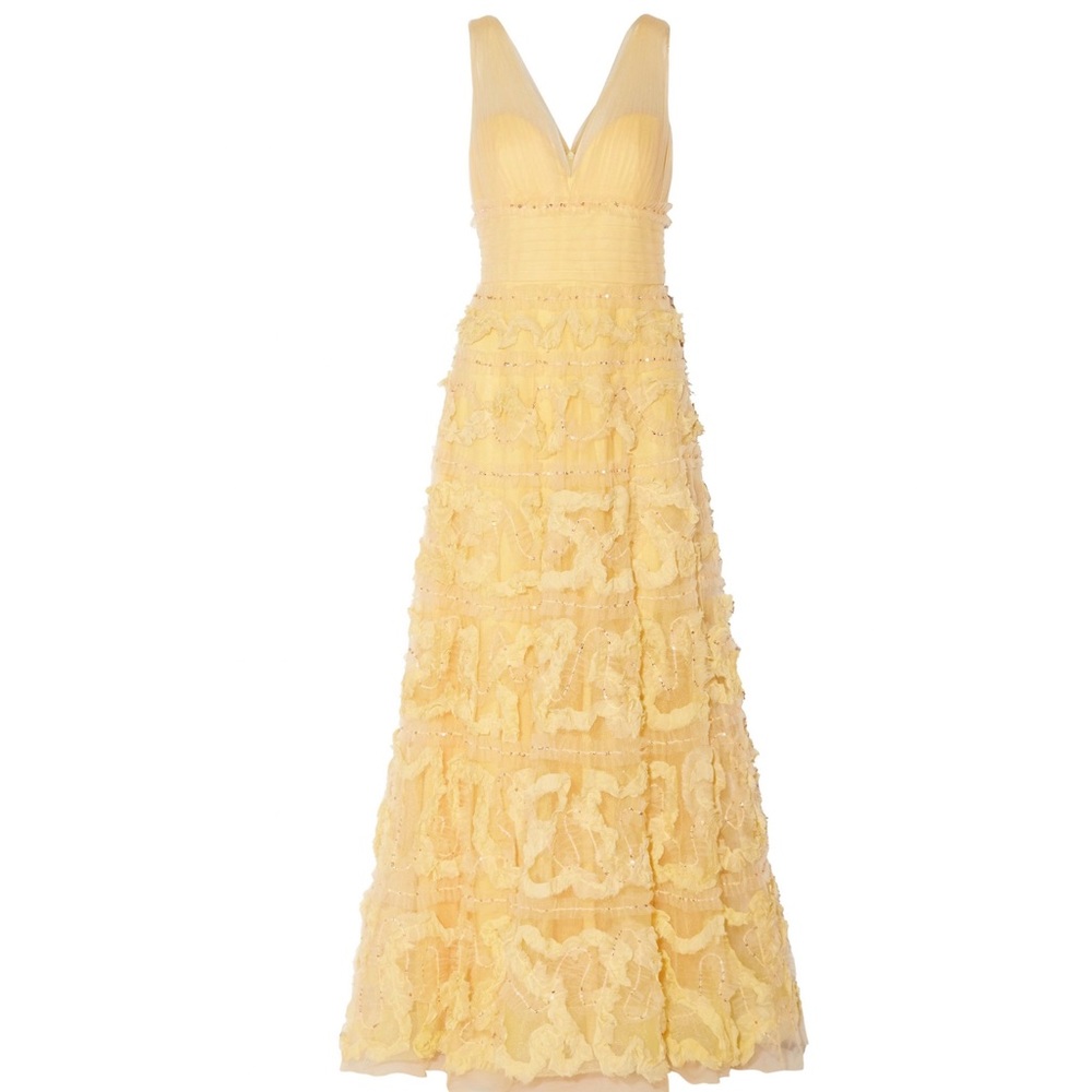 Marchesa Notte Fil Coupé-Trimmed Tulle Sleeveless Lemon Yellow Gown